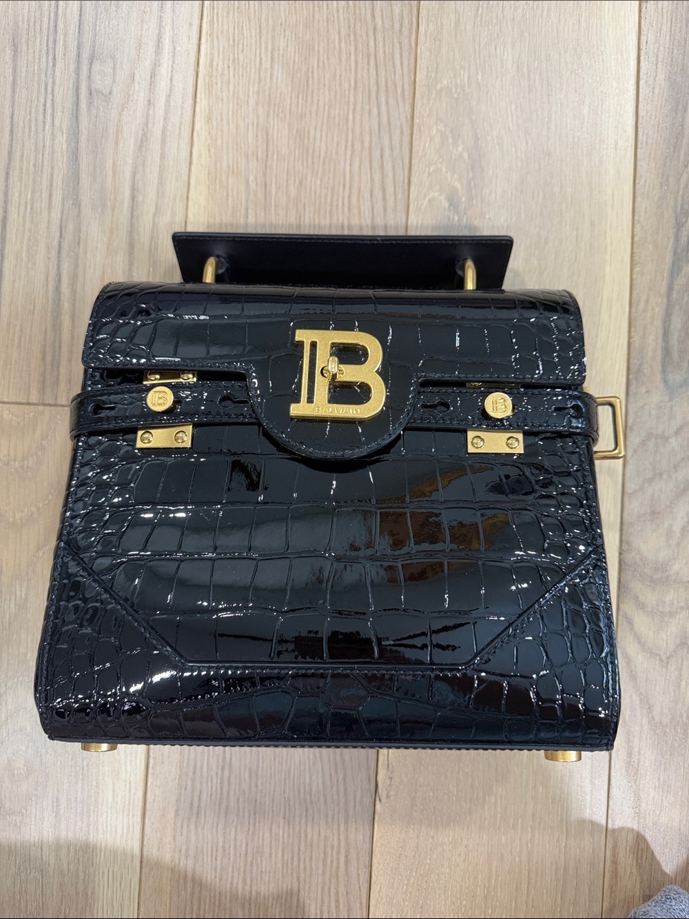 Balmain Black Croc-Embossed Top Handle Satchel with Gold Hardware